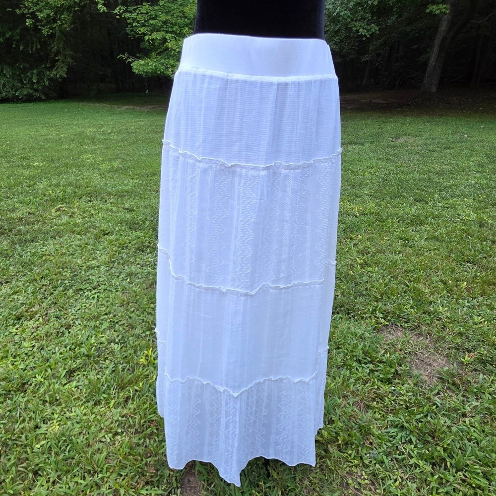 Hannah White Women Medium Tiered Maxi Skirt Cotton Gauze Boho Embroidered Long
